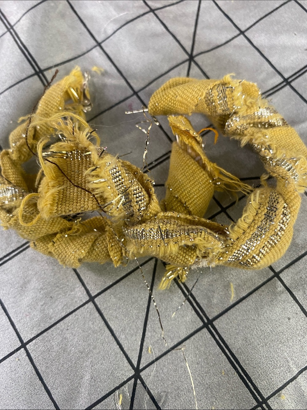 Frayed Mustard Yellow Fabric Headband with Metallic Trim